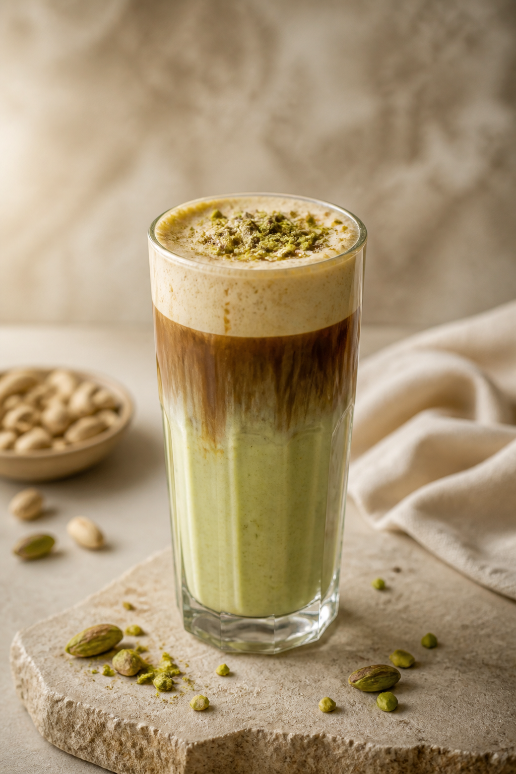 Pistachio Cream Coffee, green pistachio milk layered with dark coffee