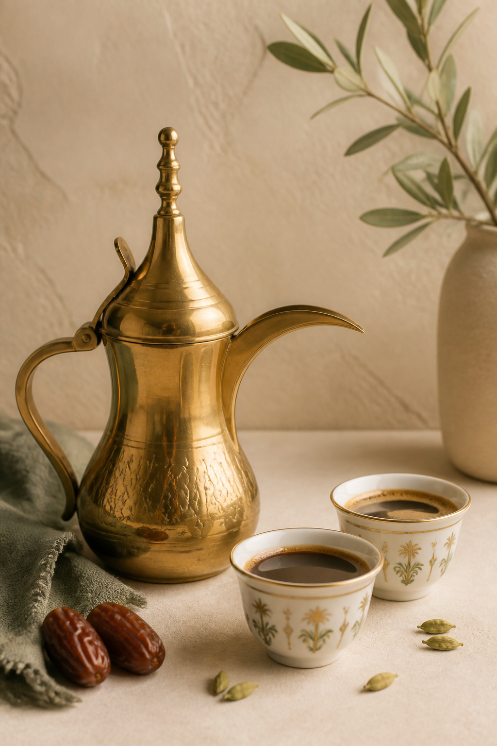 Arabic coffee service, brass dallah pot with small cups of cardamom coffee