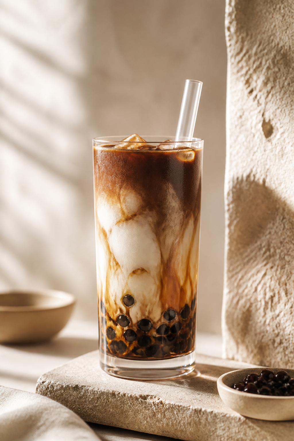 Turkish Coffee Boba, layered coffee and milk with tapioca pearls