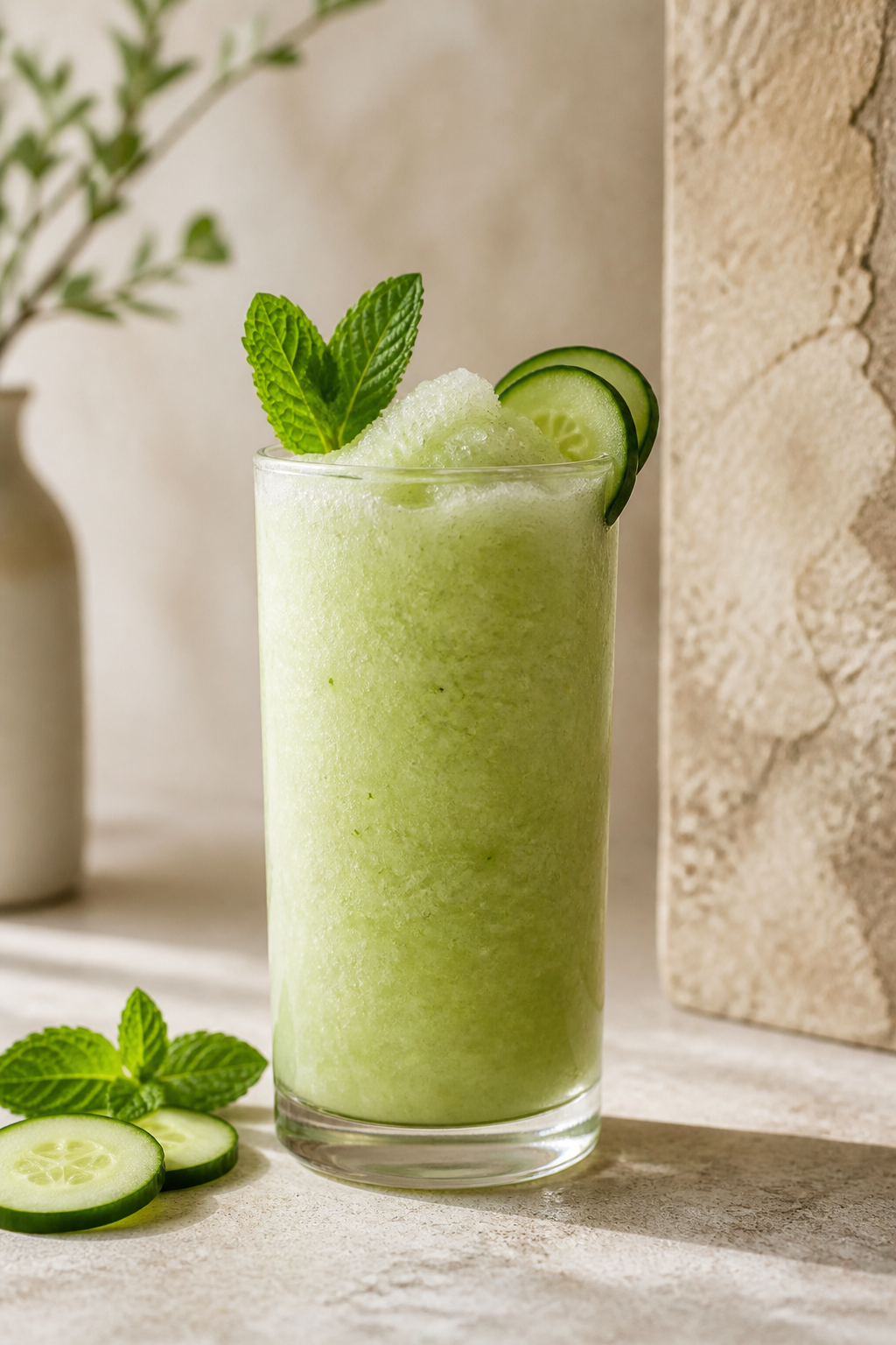 Cucumber Mint Slush, pale green icy slush garnished with cucumber and mint