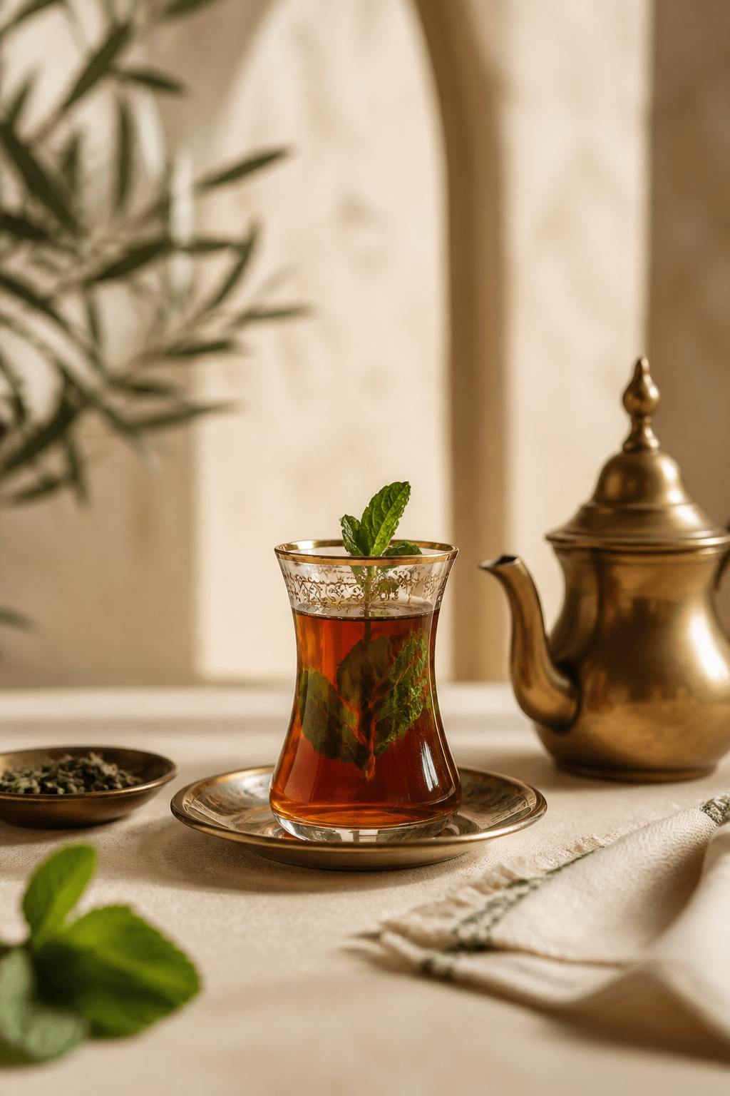 Arabic mint tea, amber tea with fresh mint in a gold-rimmed tulip glass