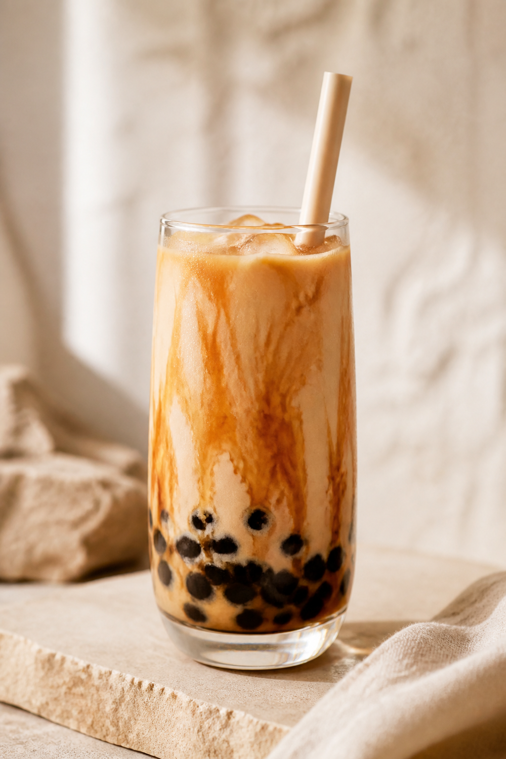 Brown Sugar Milk Tea, caramel-swirled milk tea with tapioca pearls